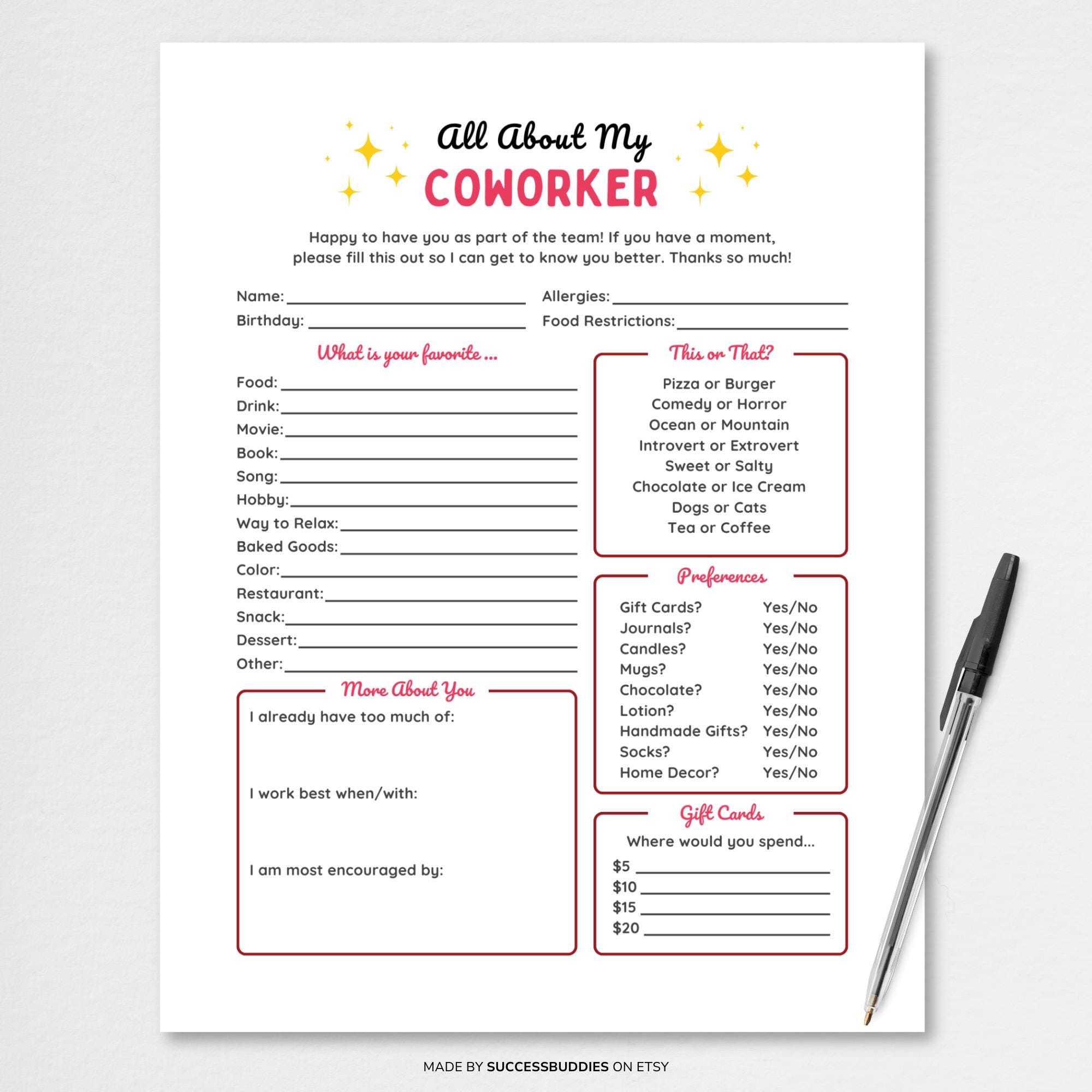 Co Worker Task List Coworker Questions, Employee Favorites List, Coworker Favorite Things ...
