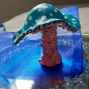 Green orange and silver air clay Toadstool painted in acrylic with 3D pearl drops