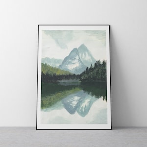 Printable Mountain With Pine Trees Forest and Lake Scenery Painting ...