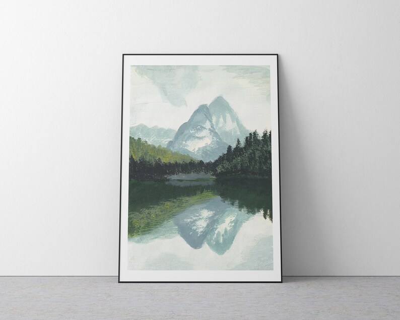 Printable Mountain With Pine Trees Forest and Lake Scenery Painting ...