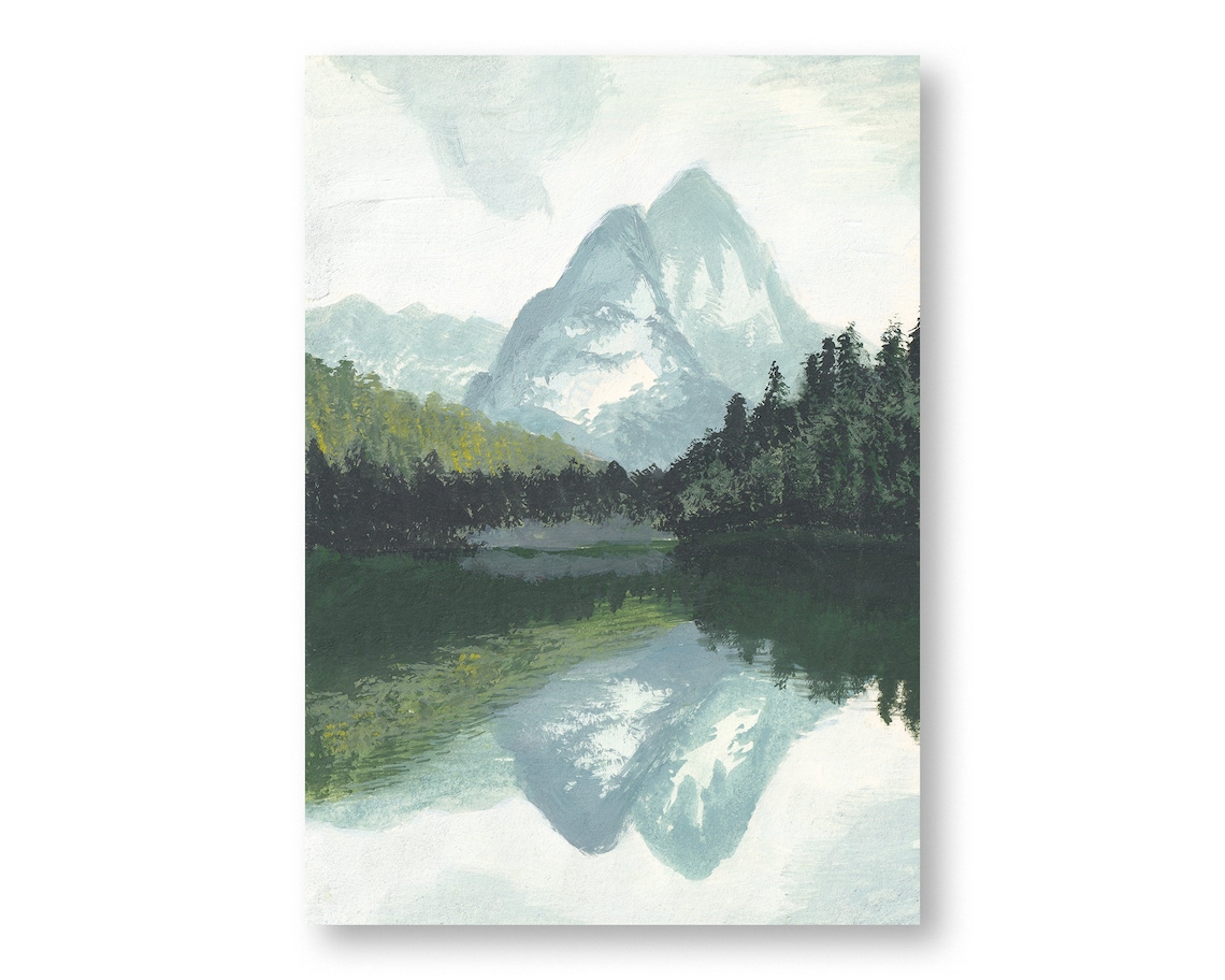 Printable Mountain With Pine Trees Forest and Lake Scenery Painting ...