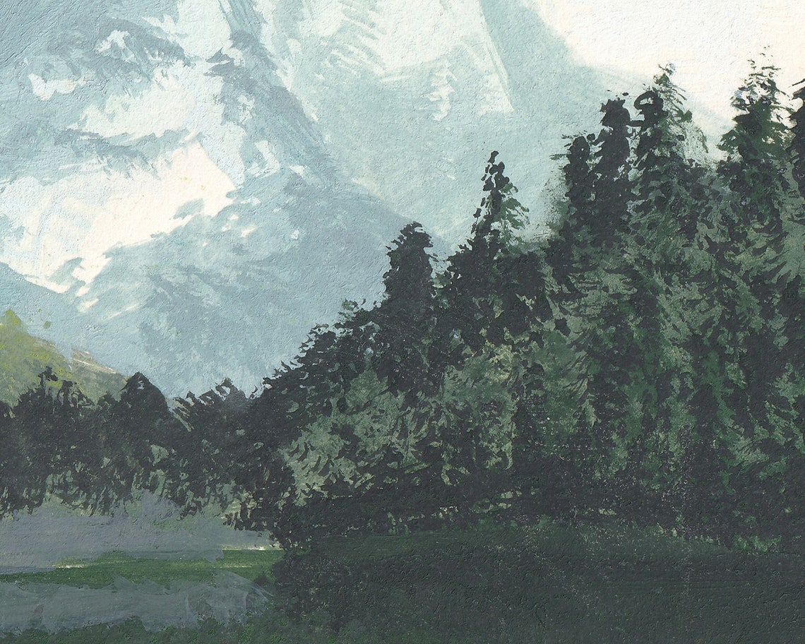 Printable Mountain With Pine Trees Forest and Lake Scenery Painting ...