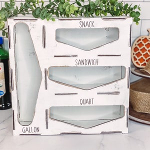 slider style baggy organizer/baggy organizer/white farmhouse/farmhouse decor/ kitchen storage/