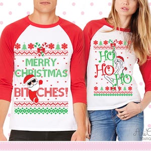 Matching Couple Christmas Shirts, Merry Christmas Bitches Santa’s She-Devil Ho Unisex Couple Ugly Christmas Sweater Unisex 3/4 Sleeve Raglan