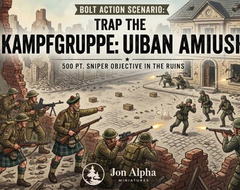 Escenario urbano de Bolt Action: Atrapar al grupo de combate. Misión de juego de guerra de mesa con objetivo de francotirador.