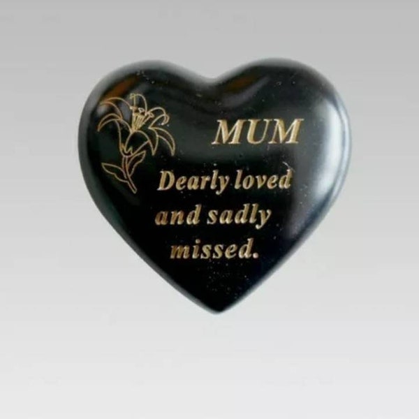 Mum Memorial Small Black & Gold Lily Heart Stone Plaques Graveside Funeral Remberance Mother's Day