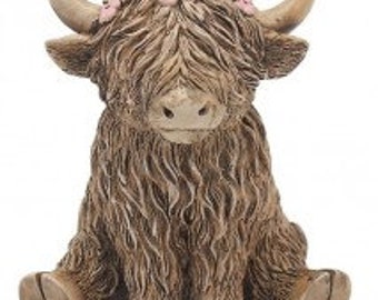 Highland Cow Ornament With Pink Flowers Figurine Home Decorations See Description