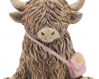 Highland Cow Ornament With Pink Handbag Figurine Home Decorations See Description