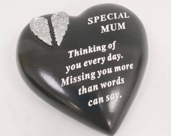 Mum Memorial Love Heart Memorial Stone Silver Angel Wings & Verse Grave Ornament 13cms Remembrance Cemetery Garden Graveside