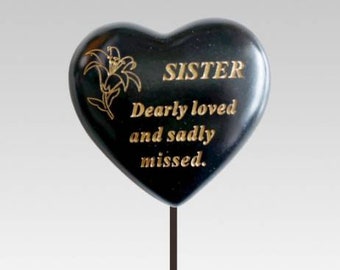 Sister Black Gold Resin Memorial Lily Heart Stick Stake Graveside Crematorium Cemetery Garden Remembrance