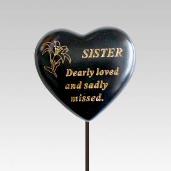 Sister Black Gold Resin Memorial Lily Heart Stick Stake Graveside Crematorium Cemetery Garden Remembrance