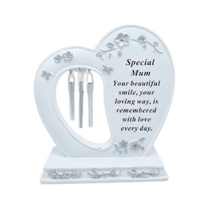 Mum Memorial Wind Chime Heart White Silver Flowers Verse Cemetery Garden Remembrance Mother's Day Special Mother