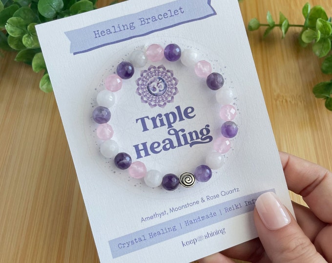Triple Healing Bracelet, Healing Bracelet, Gemstone Healing Crystal Jewelry, Boho Handmade Gift, Amethyst, Rose Quartz and Moonstone