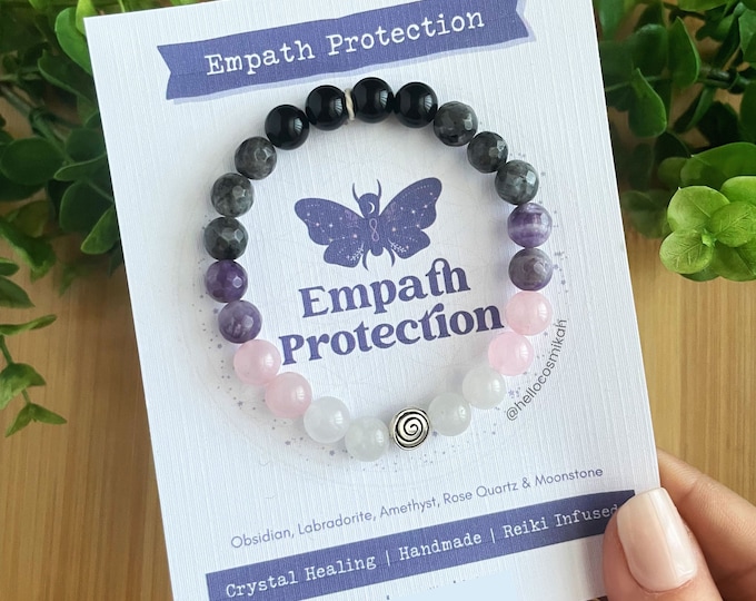 Empath Protection Bracelet - Handmade Gift, Crystal Healing Jewelry Boho, Rose Quartz, Moonstone, Amethyst, Labradorite, Obsidian