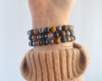 Triple Protection Bracelet: Tiger Eye, Hematite, Obsidian, Handmade