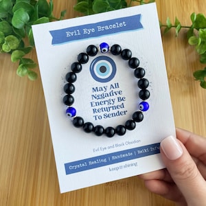 Evil Eye Bracelet, May All Negative Energy Be Returned To Sender, Protection Bracelet, Gemstone Crystal Jewelry, Boho Handmade Gift, Obsdian