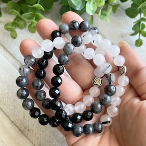 Pulsera de cristal con fase lunar: pulsera de cristal hecha a mano / obsidiana, piedra lunar larvikita, cuarzo rutilado / regalo para ella / fase lunar