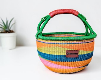 Handwoven Bolga Basket | Colorful Elephant Grass Market Storage Picnic Bag