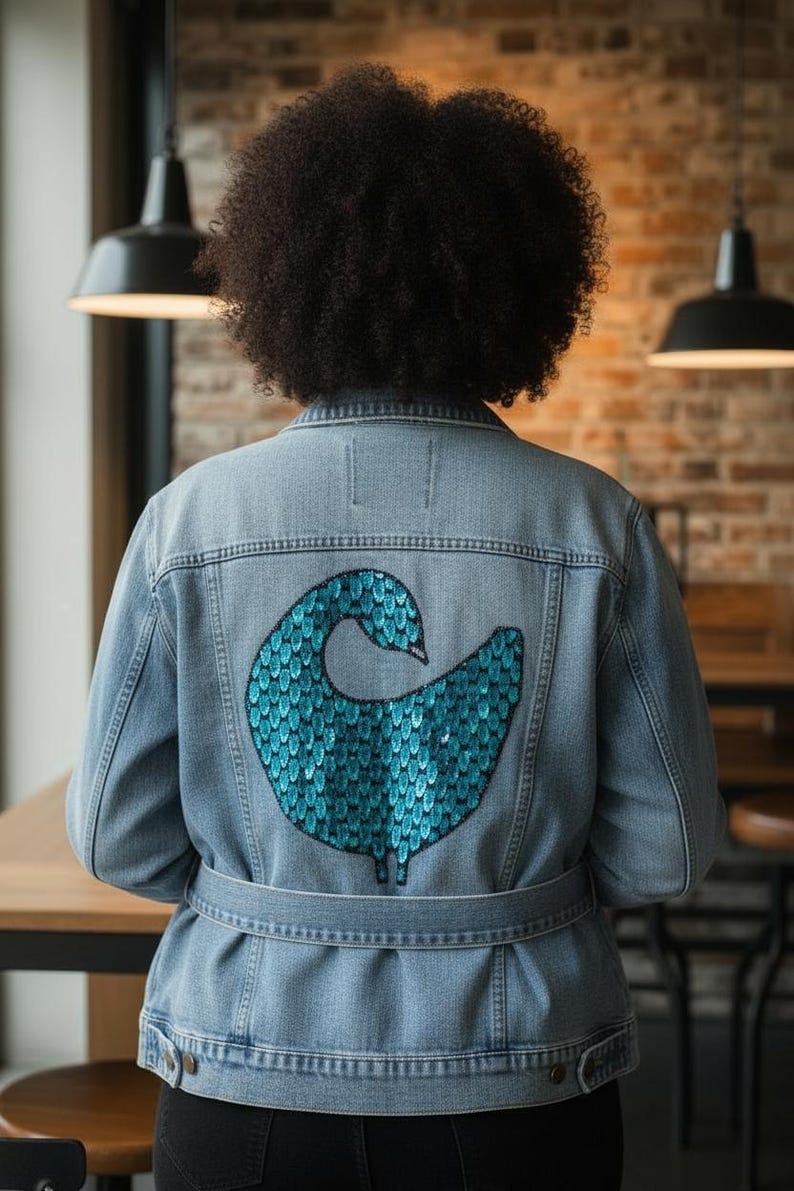 Medium - Återvunnen denim med Ankara/Mudcloth | Unik handgjord jacka med Adinkra och Bogolan | Hållbart mode | Rättvisemärkta kläder bild 2