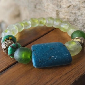 Krobo Recycled Glass Bead Bracelet: Ghanaian Brass Accent, Fair Trade