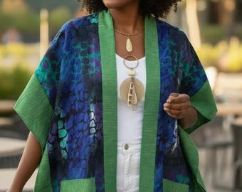 2XL- Regal Kente Kimono – Ntama (Ankara) med handvävda Kente-accenter