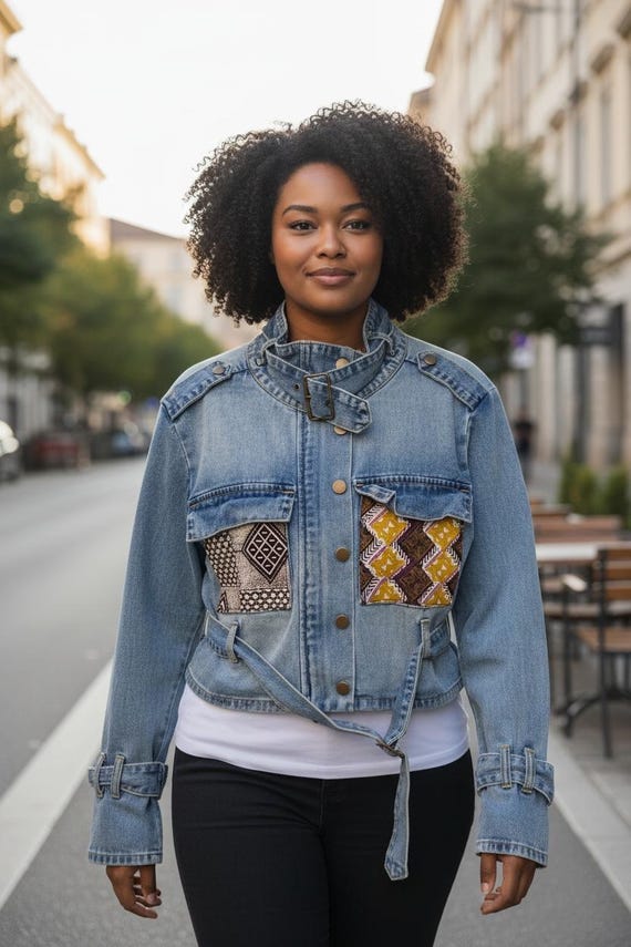 Medium- Upcycled Denim with Ankara/Mudcloth | Unique Handcrafted Jacket with Adinkra & Bogolan| Sustainable Fashion | Fair Trade Clothing