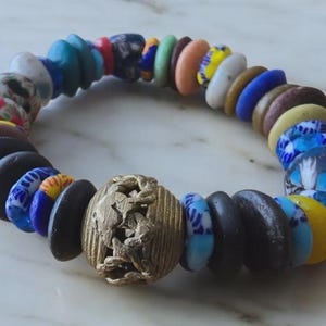 Krobo Recycled Glass Bead Bracelet: Ghanaian Brass Accent, Fair Trade