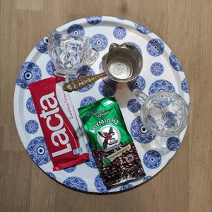 Greek gift kalimera coffee time! Greek coffee pot for two, coffee cups, good luck tray, Greek coffee and the famous Greek Lacta chocolate!