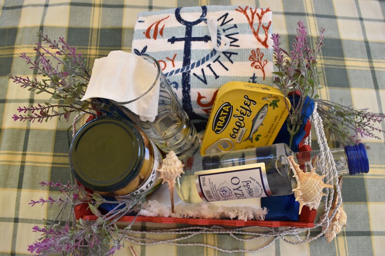 Greek Gift Basket With Meze. Aegean Sea Sardins, Ouzo, Green Olives