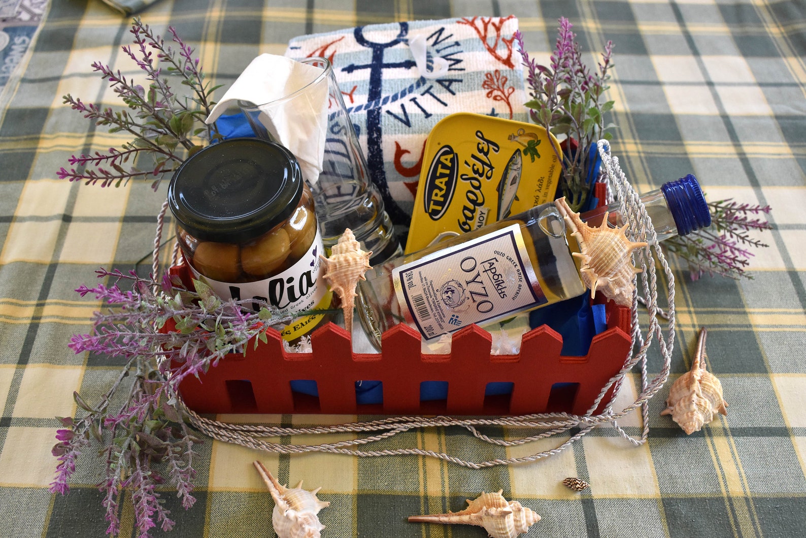 Greek Gift Basket With Meze. Aegean Sea Sardins, Ouzo, Green Olives