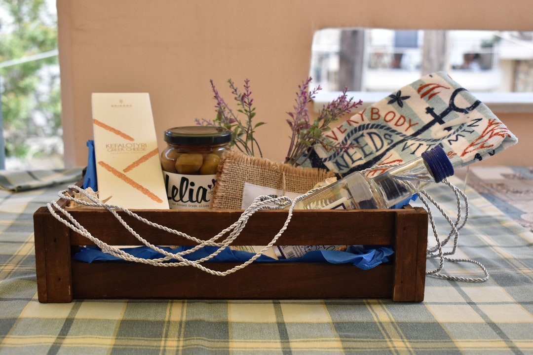 Greek Gift Basket With Meze for 2. Crunchy Bread, Ouzo, Green Olives, Greek Theme Kitchen Towel