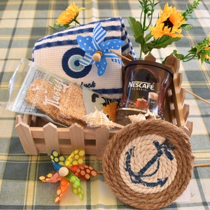 Greek gift basket with coffee for 2. Sweet with sesame, greek coffee NES CAFE, kitchen towel , sea shells, wooden storage box, coaster.