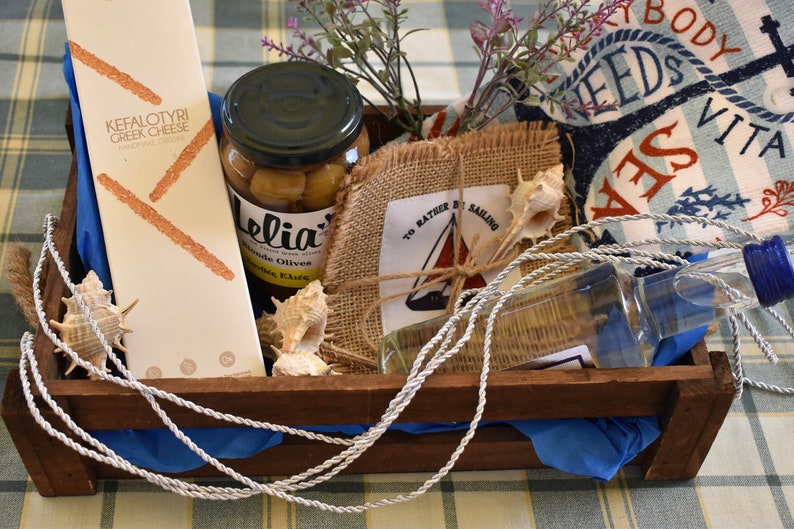 Greek Gift Basket With Meze for 2. Crunchy Bread, Ouzo, Green Olives, Greek Theme Kitchen Towel