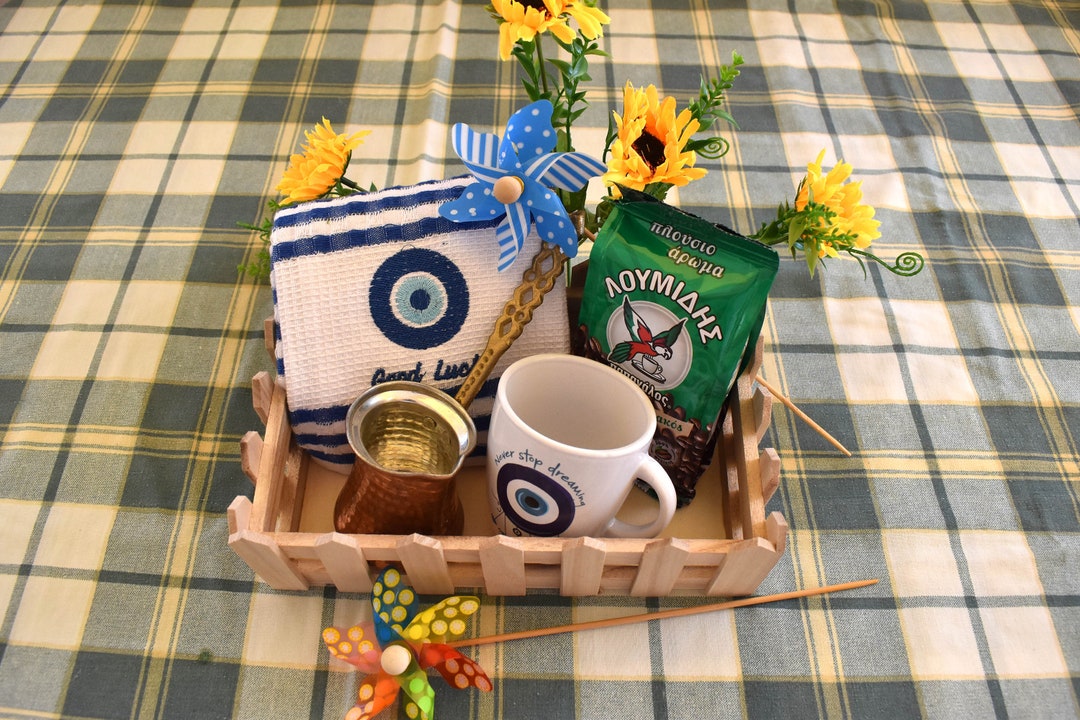 Greek Gift Basket With Coffee. Greek Coffee, Coffee Pot, Kitchen Towel