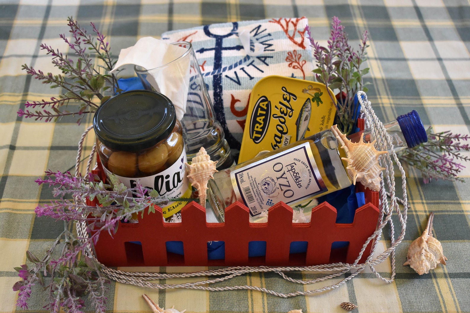 Greek Gift Basket With Meze. Aegean Sea Sardins, Ouzo, Green Olives