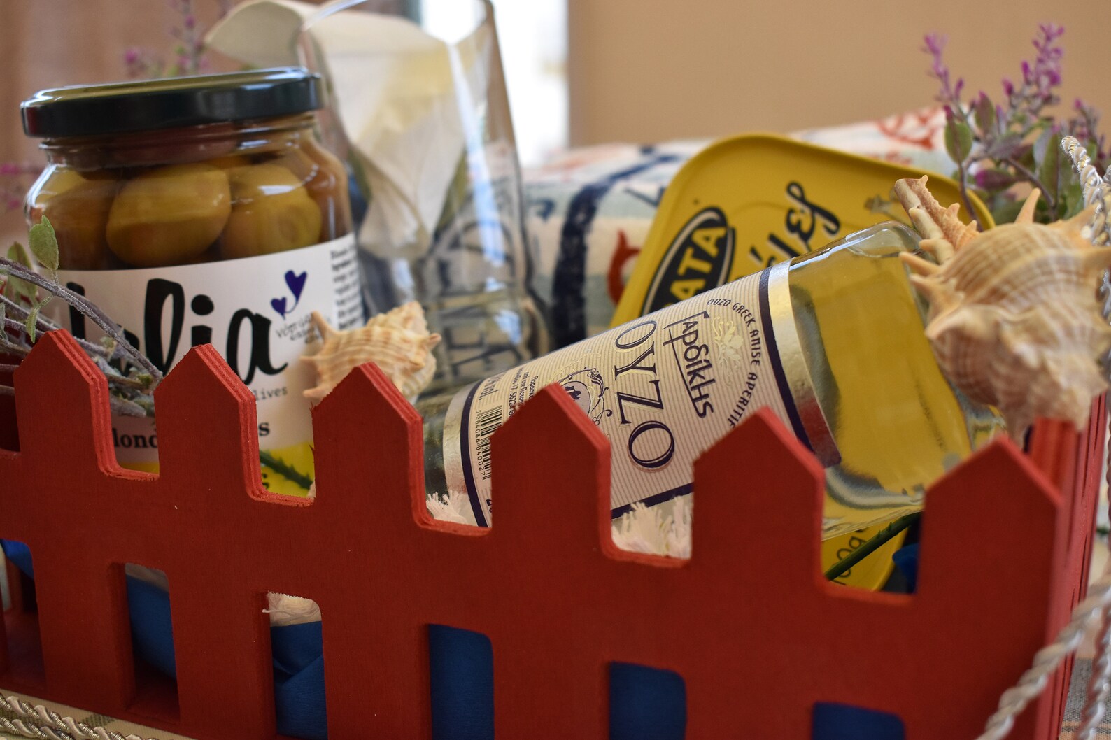 Greek Gift Basket With Meze. Aegean Sea Sardins, Ouzo, Green Olives