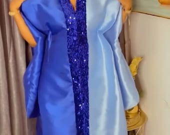 Caftán africano boubou de mikado con lentejuelas y pañuelo a juego