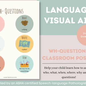 Who What When Where Why How Classroom Poster Teaching WH Questions Speech Therapy WH- Questions Autism Therapy SLP Questions Chart Classroom