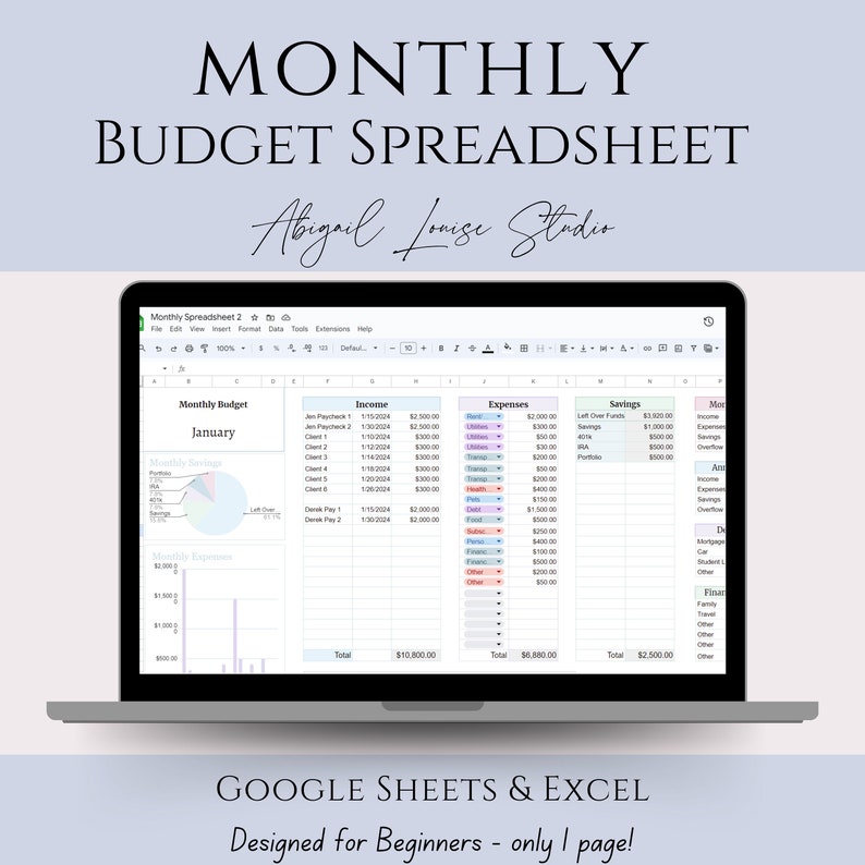 Monthly Budget Spreadsheet Template for Beginners Google Etsy