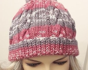 Einfach Zopfmuster Mütze Strickmuster Beanie Bobble Damen Herren DK Wolle Gerade Nadeln