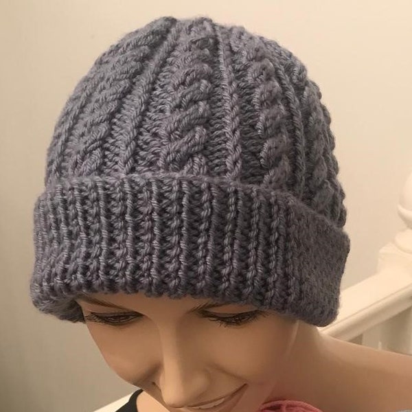 Knitting Pattern Ladies/Mens Easy Cable Hat Aran Yarn Straight Needles