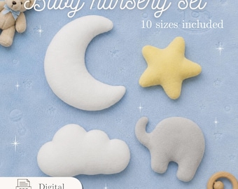 Babykamercollectie Pluche Naaipatronen Bundel PDF | 10 Maten Inbegrepen | Wolk Maan Ster Olifant | Beginnersvriendelijk | Direct Downloaden