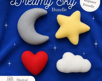 Naaipatroon voor een pluche knuffel met maan, ster, wolk en hart | PDF-patroon voor een platte knuffel | Klein formaat | DIY Kawaii knuffelset voor beginners | Eenvoudig naaien