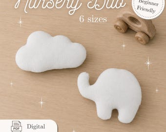 Naaipatroonbundel voor pluche knuffels voor de babykamer (PDF) | Olifant & Wolk | 6 maten inbegrepen | Geschikt voor beginners | Direct te downloaden