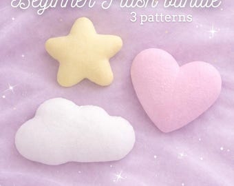Bundel naaipatronen voor pluche knuffels voor beginners | Hart, wolk en ster PDF | Eenvoudig patroon voor een platte pluche knuffel | Klein formaat knuffel | Leuke DIY-decoratie voor de kinderkamer