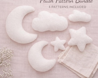 Naaipatroon voor een pluche figuur met sterren, wolken en maan | 2 maten per figuur | Eenvoudig plat pluche patroon (PDF) | Naaipatroon voor pluche speelgoed voor beginners
