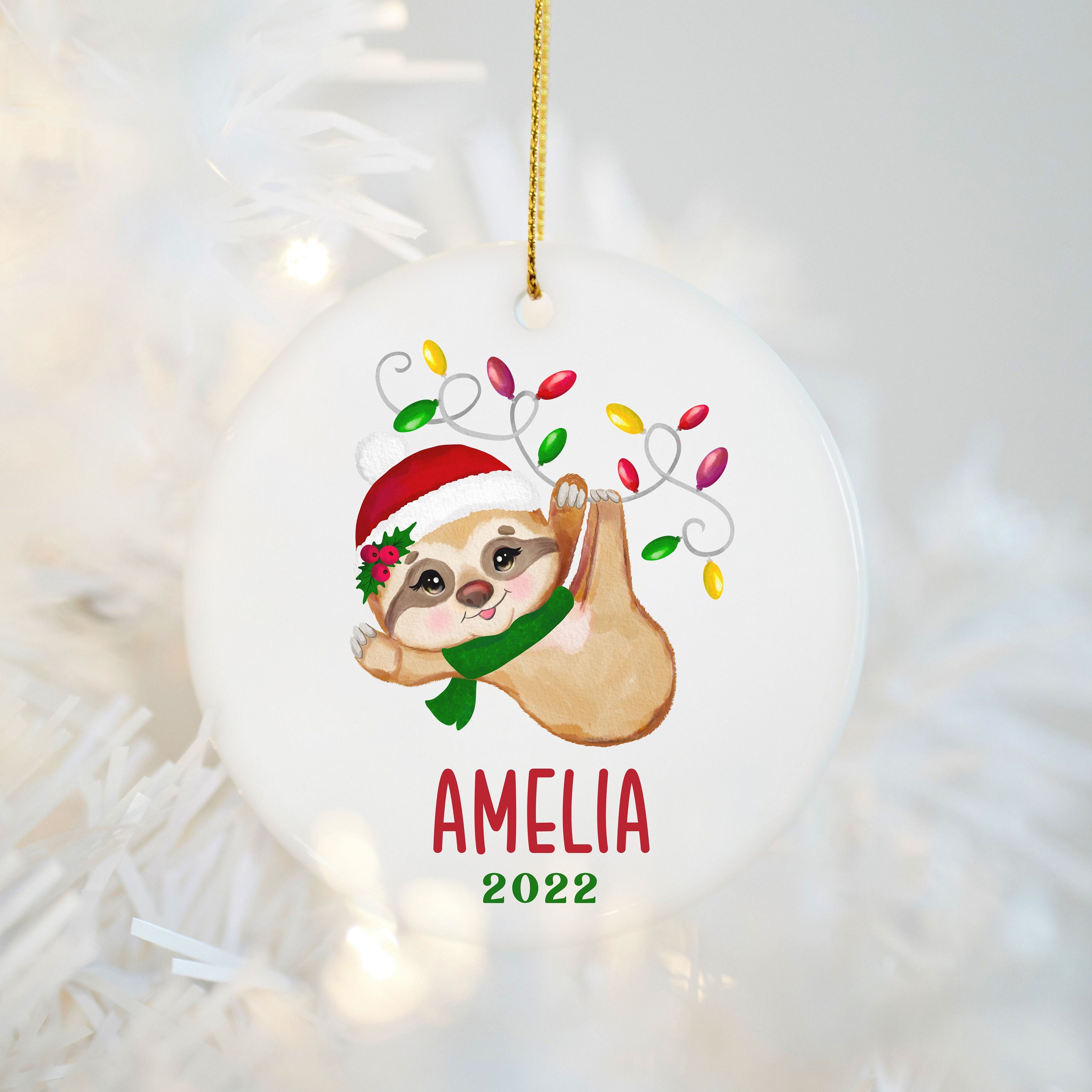 Personalized Sloth Christmas Ceramic Ornament