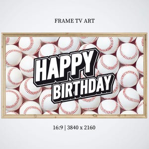 May include: A framed print with a white background and red stitching. The print features a pattern of baseballs with the words "Happy Birthday" in bold black letters.