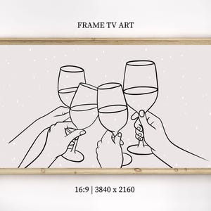 Könnte beinhalten: Eine Schwarzweiß-Zeichnung von vier Weingläsern, die miteinander anstoßen. Die Gläser sind in einem einfachen Stil gezeichnet, wobei der Fokus auf der Form der Gläser und der Anstoßaktion liegt. Der Hintergrund ist hellgrau mit einem dezenten Muster aus weißen Punkten.