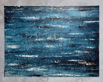 Grande peinture abstraite bleue, Art mural bleu texturé, Peinture acrylique bleue, Art mural bleu minimaliste, Peinture de paysage marin, Peinture à l’eau